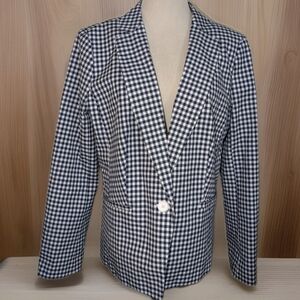 TALBOTS Blazer Womens 14 Classic Jacket Linen Blend Gingham Office Preppy Navy